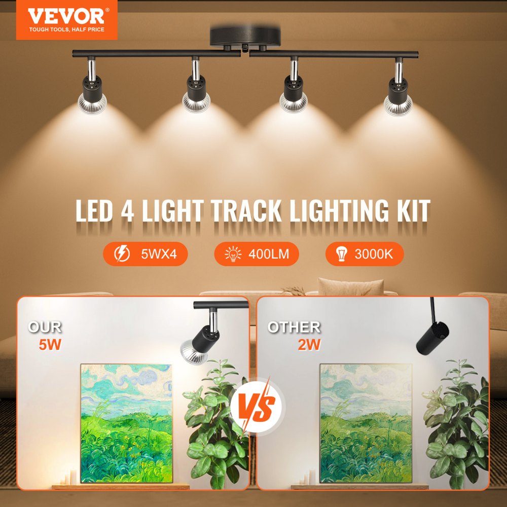 4-Light LED Track Lighting Kit, Ceiling Spot Light with Rotatable Light Arms and Heads, 24.8" Track Lighting Fixture, Included 4 GU10 3000K Bulbs for Indoors Exhibition, Kitchen, Living Room