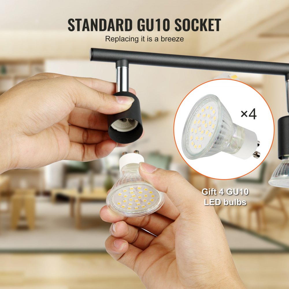 4-Light LED Track Lighting Kit, Ceiling Spot Light with Rotatable Light Arms and Heads, 24.8" Track Lighting Fixture, Included 4 GU10 3000K Bulbs for Indoors Exhibition, Kitchen, Living Room