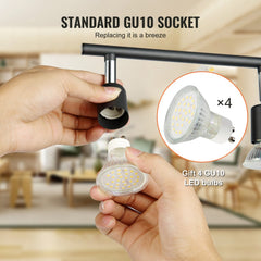 4-Light LED Track Lighting Kit, Ceiling Spot Light with Rotatable Light Arms and Heads, 24.8" Track Lighting Fixture, Included 4 GU10 3000K Bulbs for Indoors Exhibition, Kitchen, Living Room