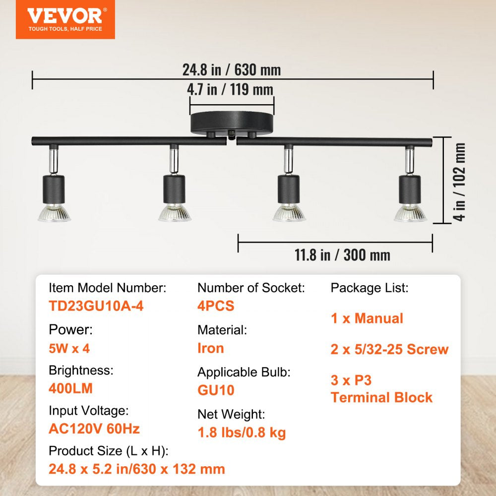 4-Light LED Track Lighting Kit, Ceiling Spot Light with Rotatable Light Arms and Heads, 24.8" Track Lighting Fixture, Included 4 GU10 3000K Bulbs for Indoors Exhibition, Kitchen, Living Room
