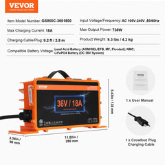 36 Volt Golf Cart Battery Charger, 18 AMP, Smart Club Car Charger with Crowfoot Plug, Compatible with Lead-Acid AGM/GEL/EFB MF NMC LiFePO4 Batteries for Club Car EZGO Yamaha, IP67 ETL Certified