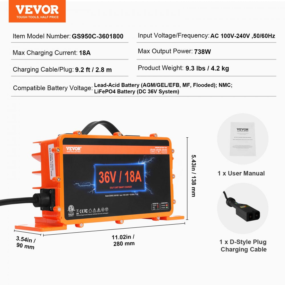 36 Volt Golf Cart Battery Charger, 18 AMP, Smart Battery Charger with D-Style Plug, Compatible with Lead-Acid AGM/GEL/EFB MF NMC LiFePO4 Batteries for EZGO TXT, IP67 Waterproof ETL Certified