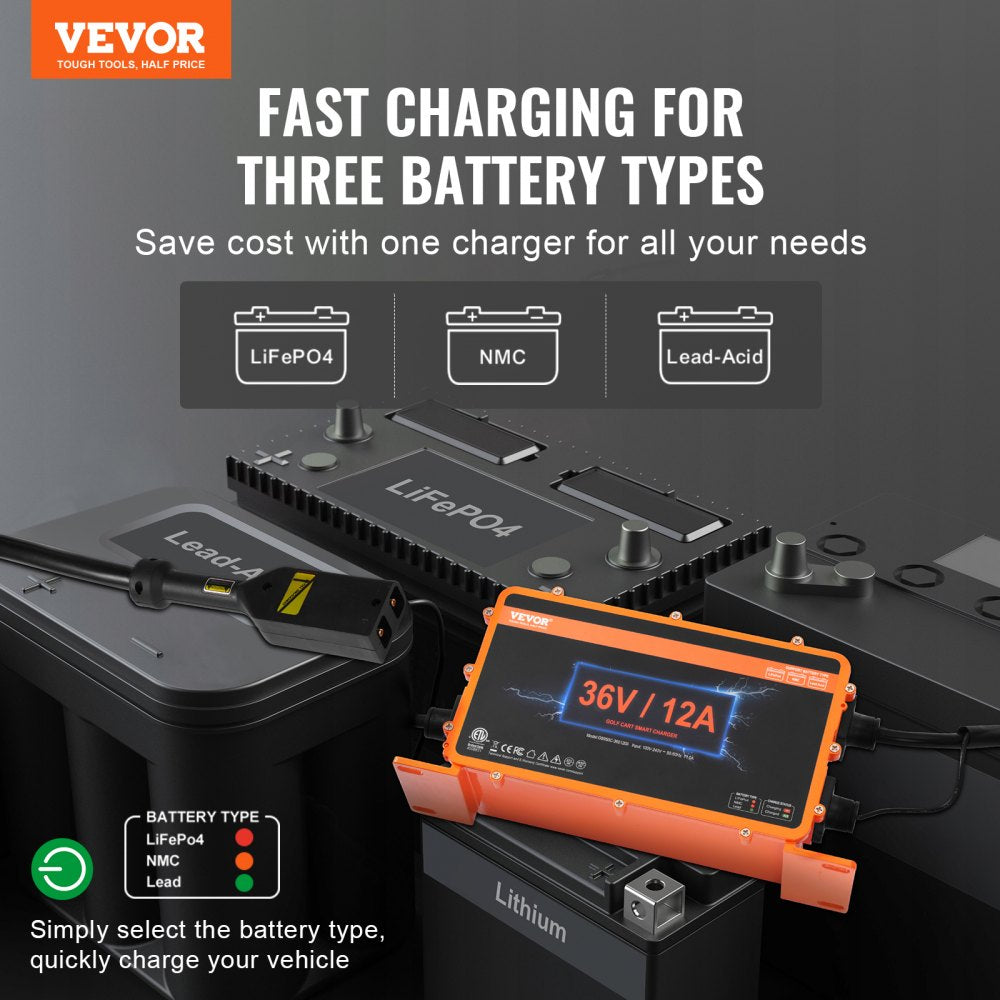36 Volt Golf Cart Battery Charger, 12 AMP, Smart Battery Charger with D-Style Plug, Compatible with Lead-Acid AGM/GEL/EFB MF NMC LiFePO4 Batteries for EZGO TXT, IP67 Waterproof ETL Certified
