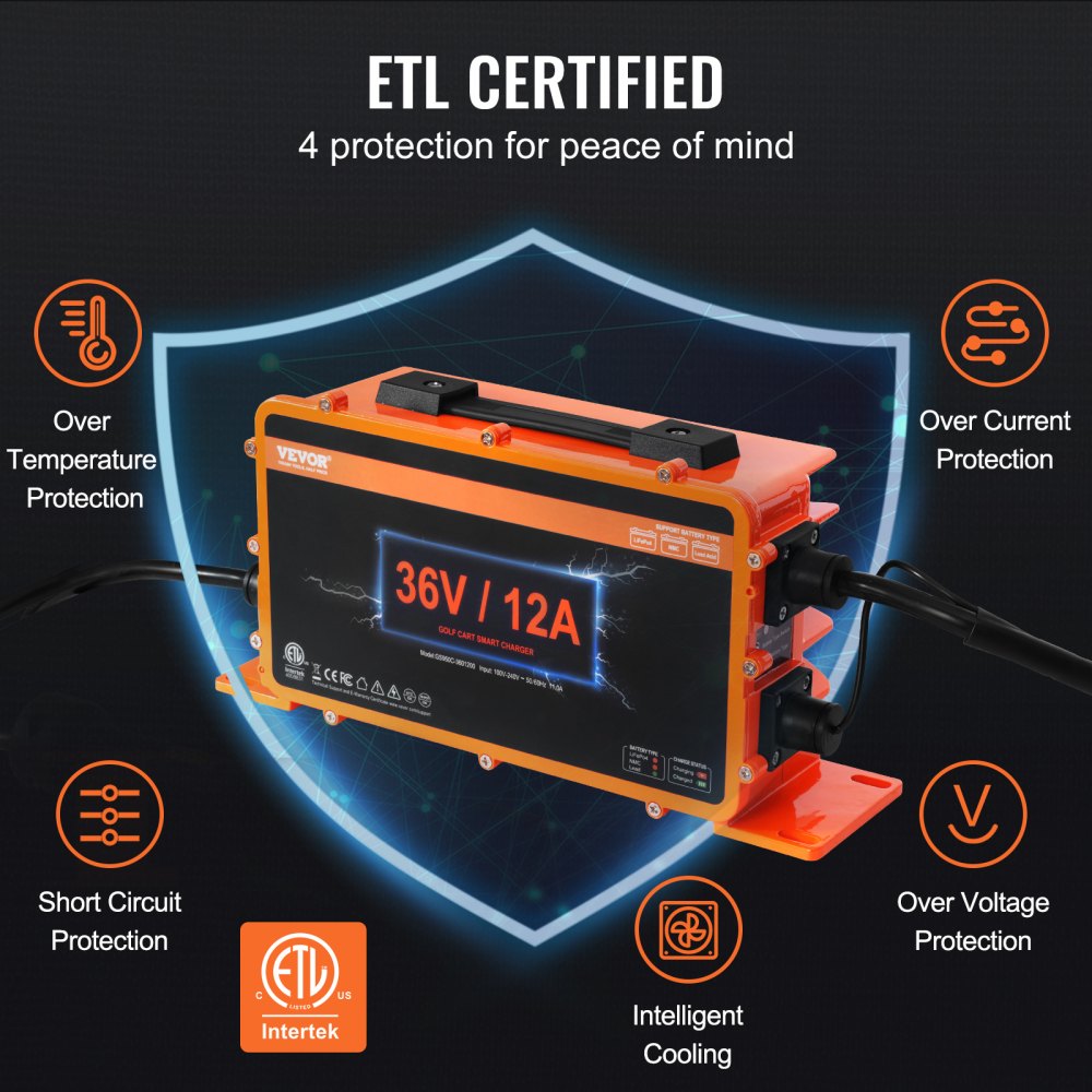 36 Volt Golf Cart Battery Charger, 12 AMP, Smart Battery Charger with D-Style Plug, Compatible with Lead-Acid AGM/GEL/EFB MF NMC LiFePO4 Batteries for EZGO TXT, IP67 Waterproof ETL Certified