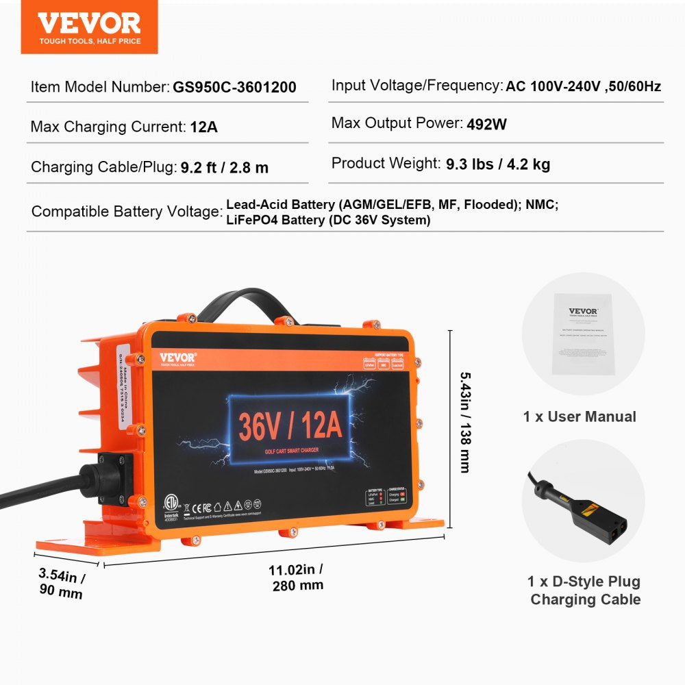 36 Volt Golf Cart Battery Charger, 12 AMP, Smart Battery Charger with D-Style Plug, Compatible with Lead-Acid AGM/GEL/EFB MF NMC LiFePO4 Batteries for EZGO TXT, IP67 Waterproof ETL Certified