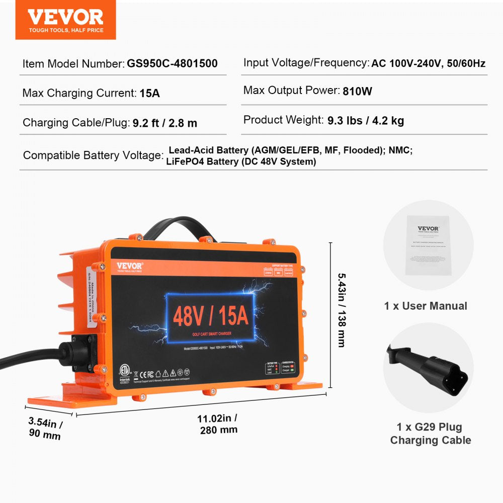 48 Volt 15 AMP Golf Cart Smart Battery Charger for Yamaha G29 Plug IP67