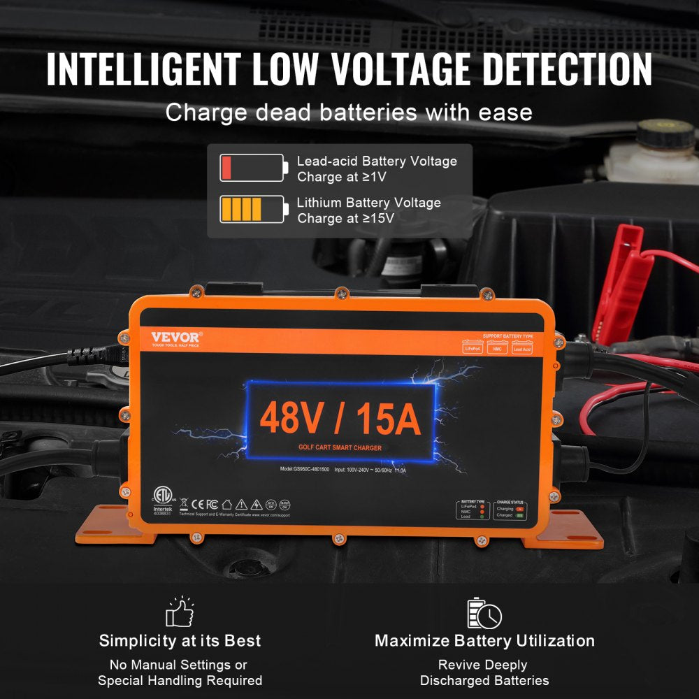 48 Volt 15 AMP Golf Cart Smart Battery Charger for Club Car 3-Pin Round