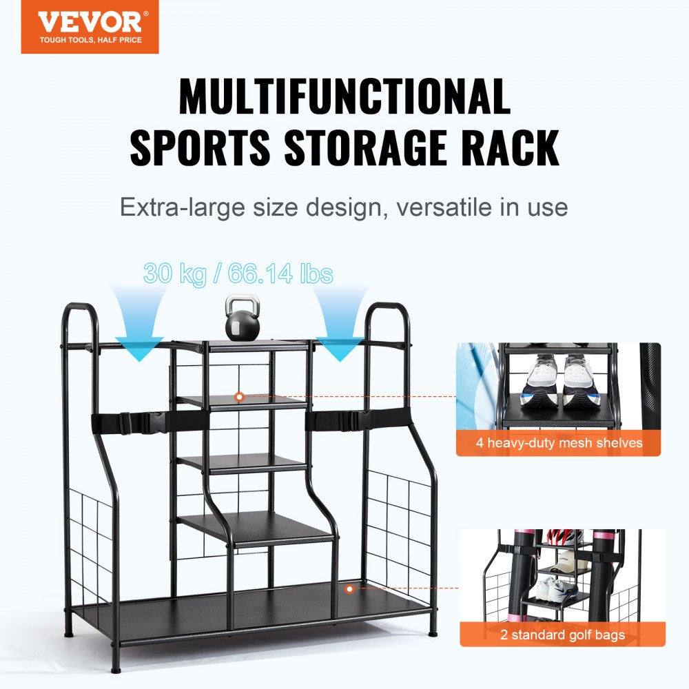 Golf Storage Garage Organizer, 2 Golf Bag Storage Stand Holder and Other Sports Equipment Storage Rack, Outdoor Steel Garage Organizer Shelves, Sports Gear and Toys Storage for Gym Shed, Black