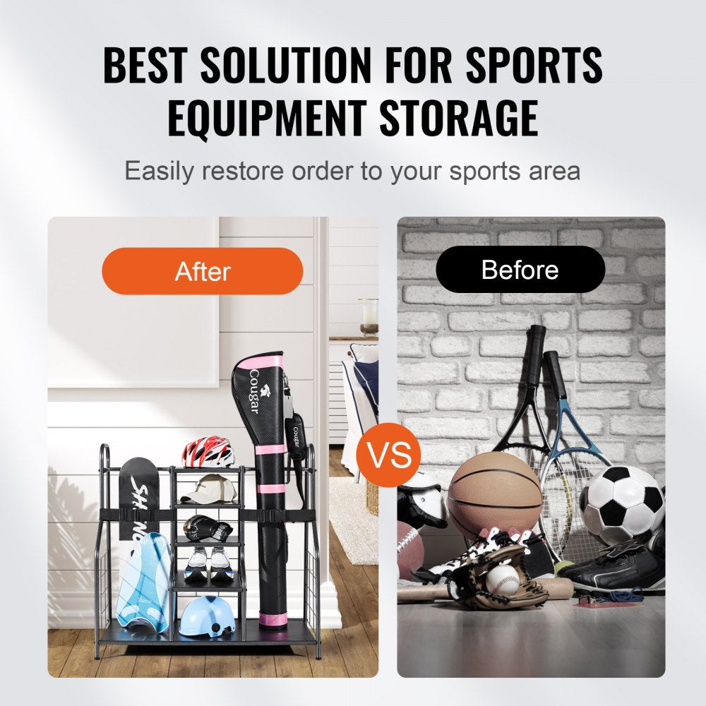 Golf Storage Garage Organizer, 2 Golf Bag Storage Stand Holder and Other Sports Equipment Storage Rack, Outdoor Steel Garage Organizer Shelves, Sports Gear and Toys Storage for Gym Shed, Black