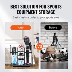 Golf Storage Garage Organizer, 2 Golf Bag Storage Stand Holder and Other Sports Equipment Storage Rack, Outdoor Steel Garage Organizer Shelves, Sports Gear and Toys Storage for Gym Shed, Black