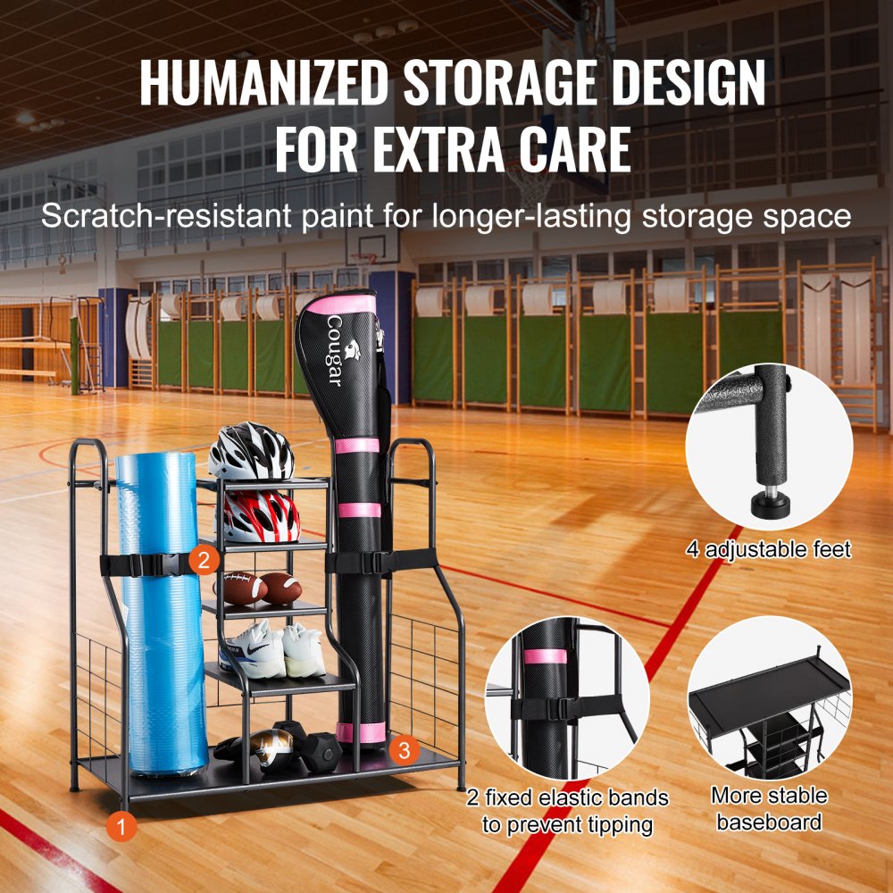 Golf Storage Garage Organizer, 2 Golf Bag Storage Stand Holder and Other Sports Equipment Storage Rack, Outdoor Steel Garage Organizer Shelves, Sports Gear and Toys Storage for Gym Shed, Black