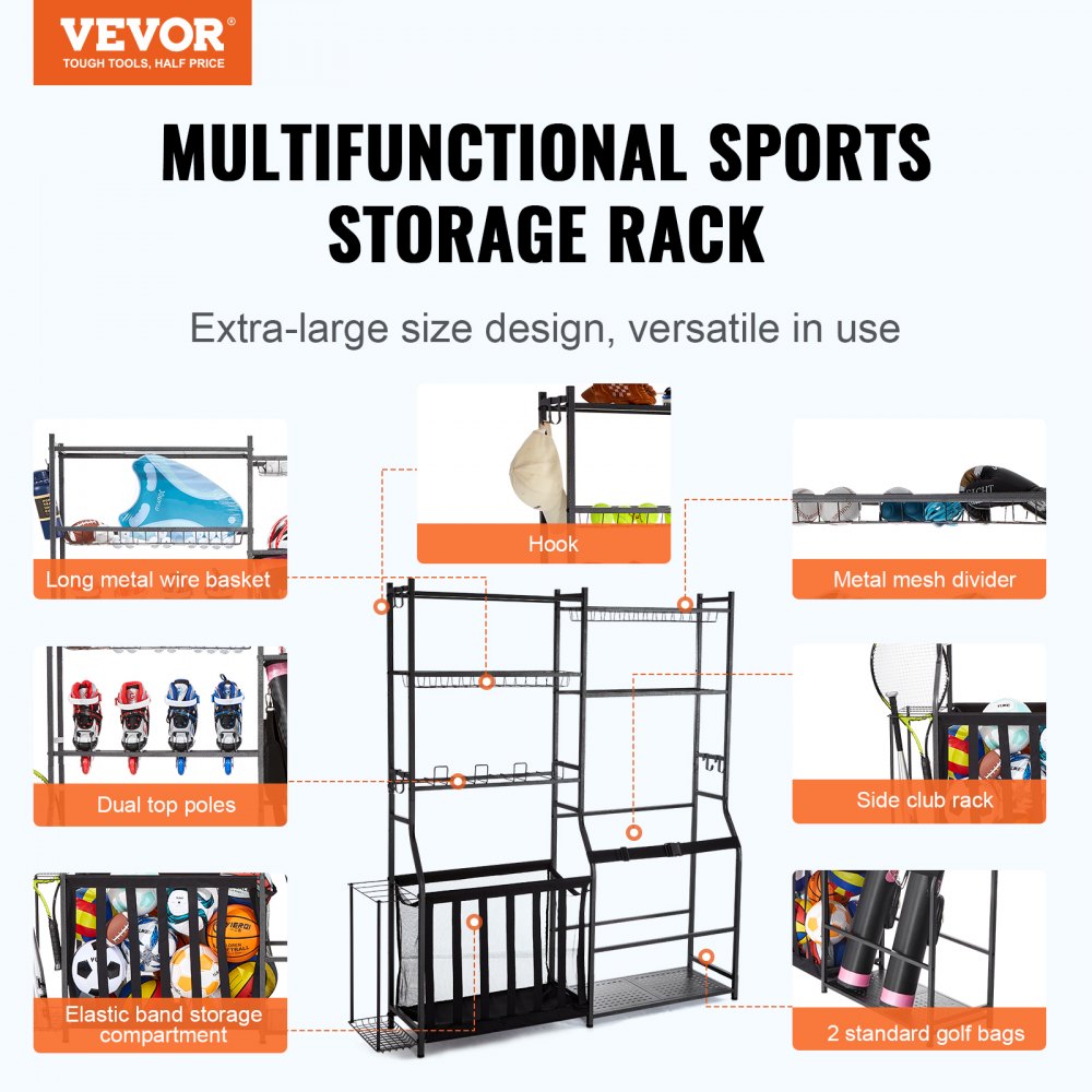 Golf Storage Garage Organizer, 2 Golf Bag Storage Stand Holder and Other Sports Equipment Storage Rack, Outdoor Steel Ball Cart, Sports Gear and Toys Storage Shelves with Baskets & Hooks, Black
