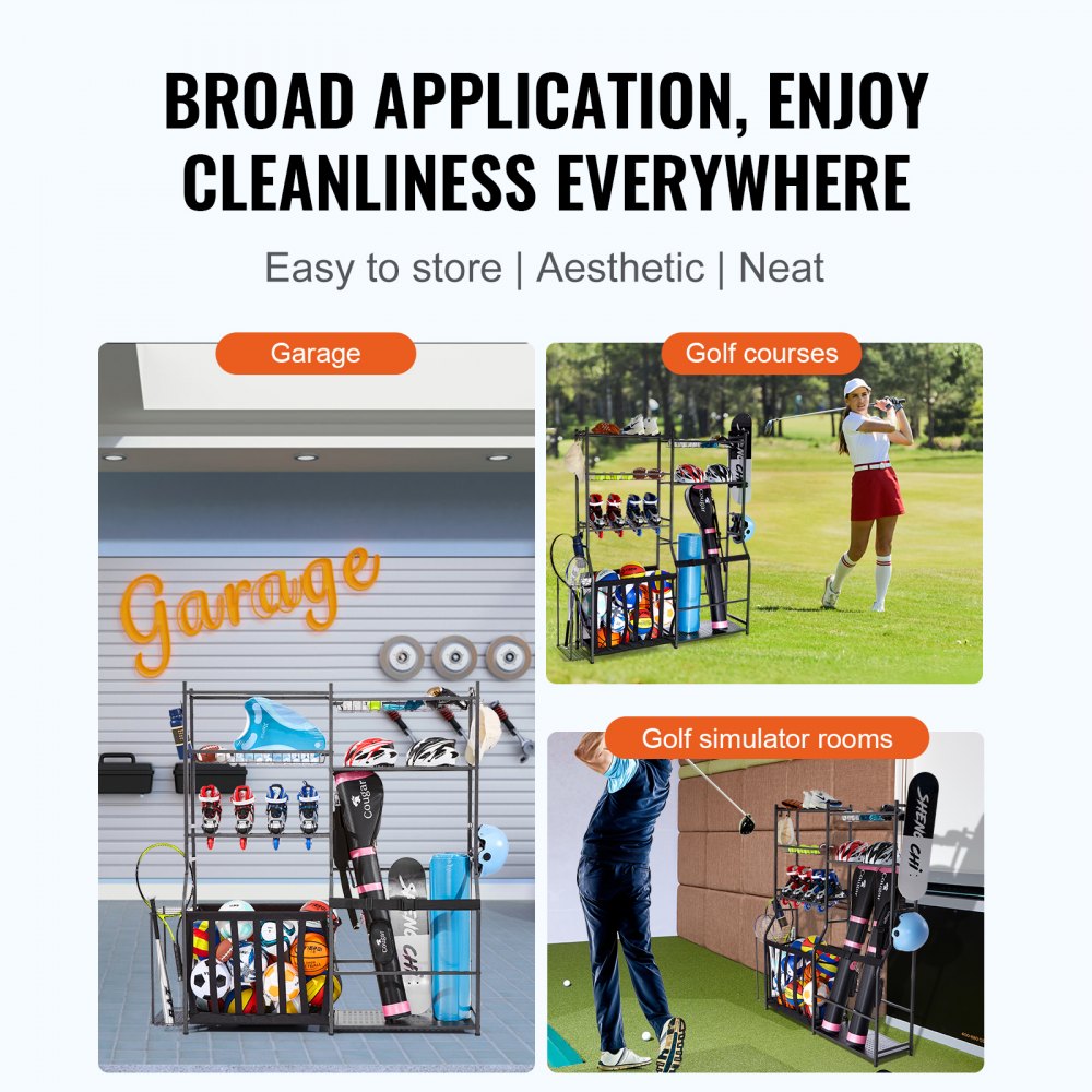 Golf Storage Garage Organizer, 2 Golf Bag Storage Stand Holder and Other Sports Equipment Storage Rack, Outdoor Steel Ball Cart, Sports Gear and Toys Storage Shelves with Baskets & Hooks, Black