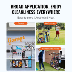 Golf Storage Garage Organizer, 2 Golf Bag Storage Stand Holder and Other Sports Equipment Storage Rack, Outdoor Steel Ball Cart, Sports Gear and Toys Storage Shelves with Baskets & Hooks, Black