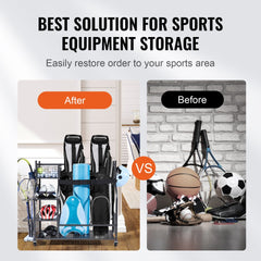 Golf Storage Garage Organizer, 2 Golf Bag Stand Holder and Other Sports Equipment Storage Rack, Rolling Ball Cart on Wheels, Outdoor Sport Gear and Toy Storage with Baskets & Hooks, Steel, Black