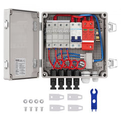 Open gray ABS solar PV combiner box with 4 strings, 10A fuses, red breaker, blue surge protector, and accessories.