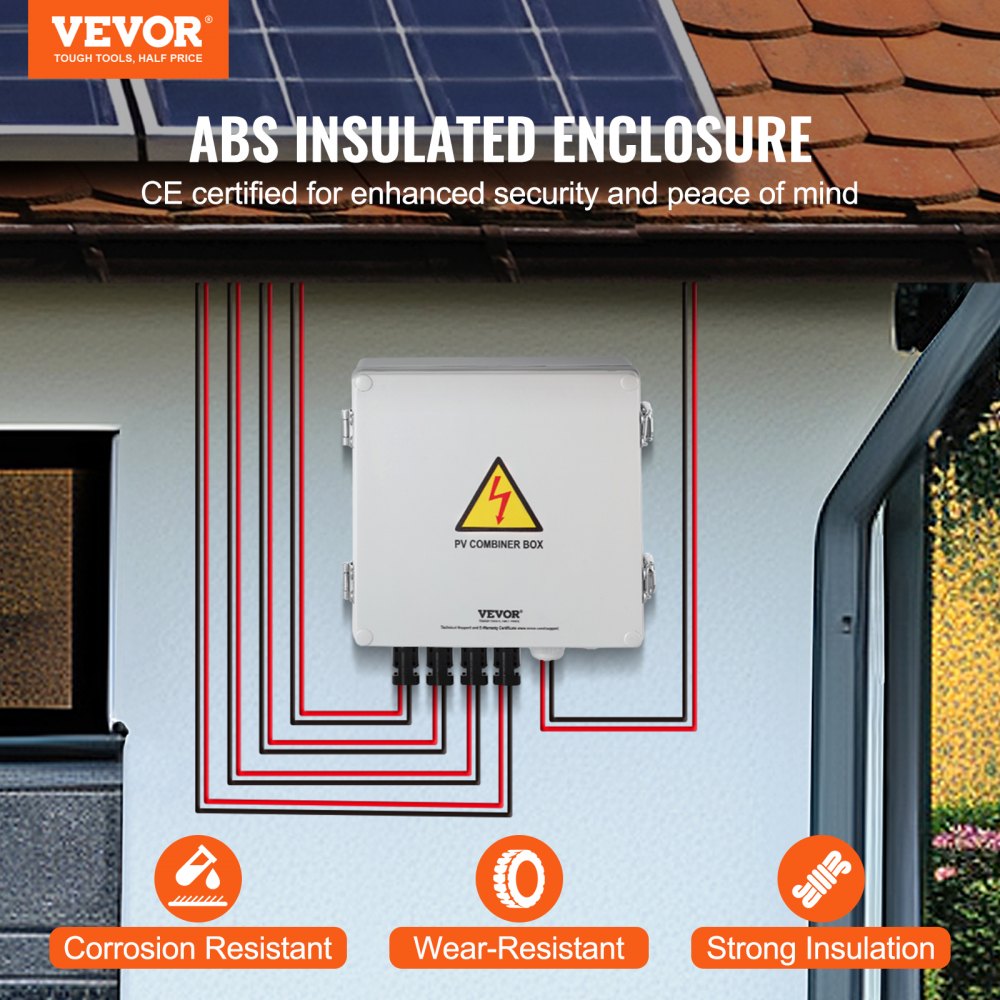White Bostome Solar PV combiner box with 4 string inputs, 10A fuses, mounted on wall with red wires.