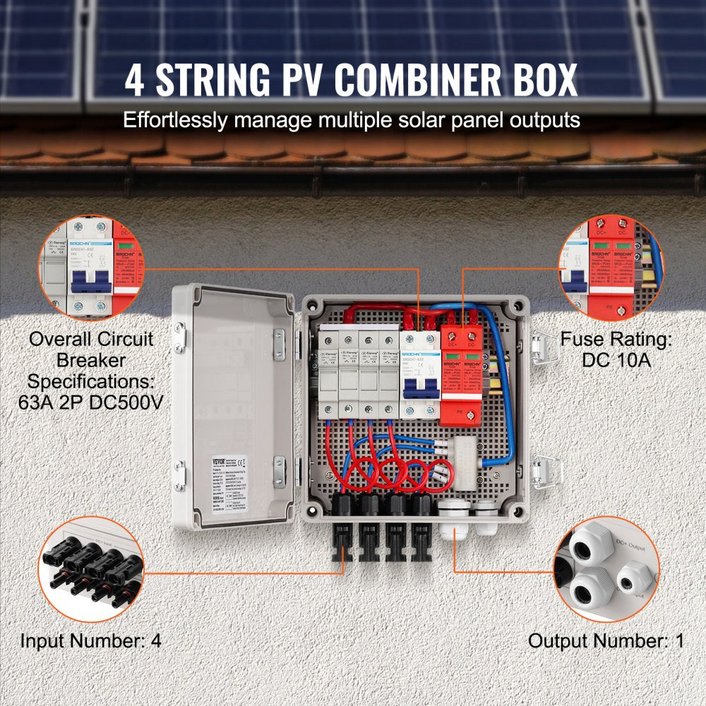 Bostome 4-string solar PV combiner box with 10A fuses, 63A DC 500V breaker, and IP65 ABS case.