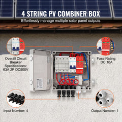 Bostome 4-string solar PV combiner box with 10A fuses, 63A DC 500V breaker, and IP65 ABS case.