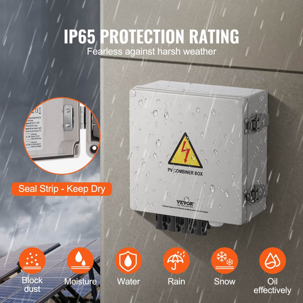 White Bostome Solar PV Combiner Box with 4-string 10A fuses, IP65 ABS case, and weather protection icons.