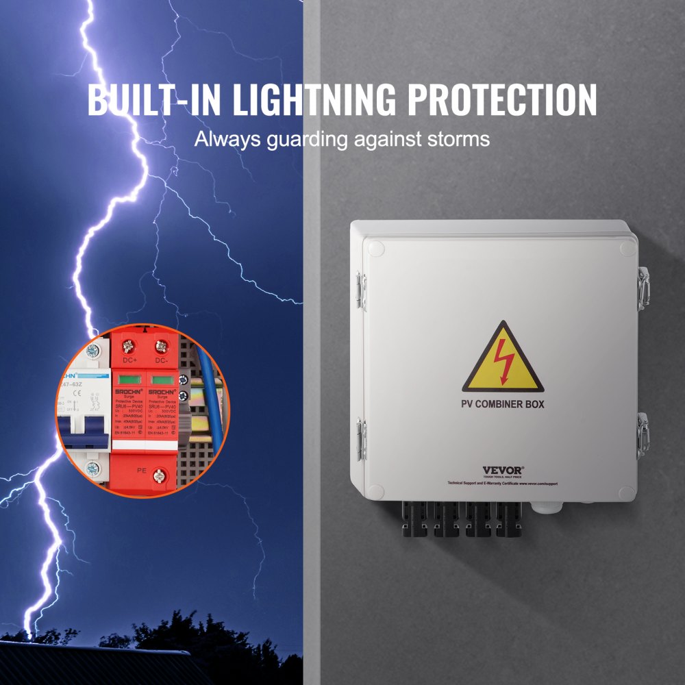White Bostome Solar PV Combiner Box with 4-string 10A fuses, lightning protection, and IP65 ABS case.