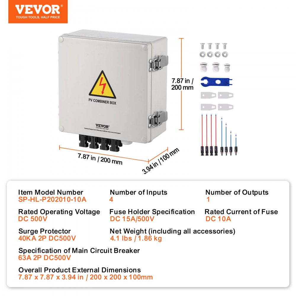 White ABS solar PV combiner box with 4 string inputs, 10A fuses, 63A breaker, and dimensions.