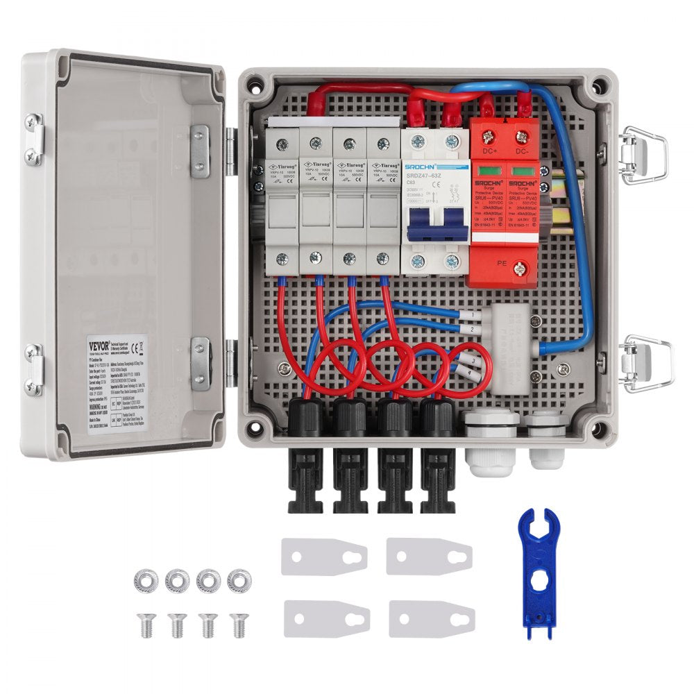 Open gray ABS solar PV combiner box with 4 strings, 10A fuses, red breaker, surge protector, and accessories.