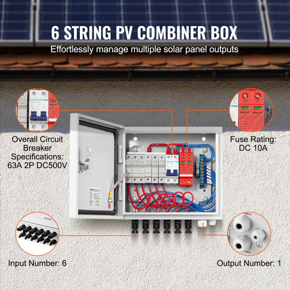 Bostome 6-string solar PV combiner box with 10A fuses, 63A breaker, steel IP65 enclosure.