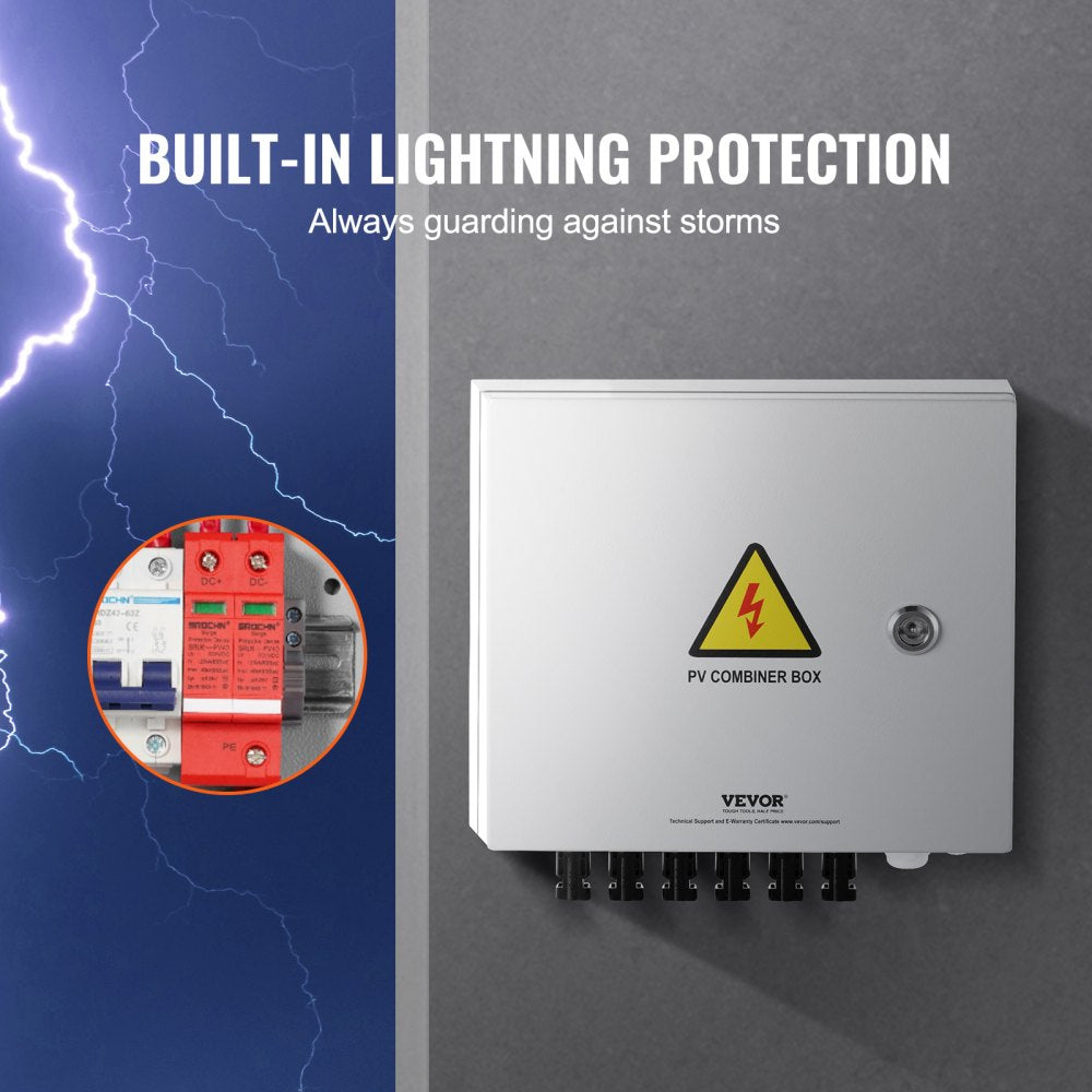 White steel solar PV combiner box with 6 strings, 10A fuses, surge protection, and IP65 rating.