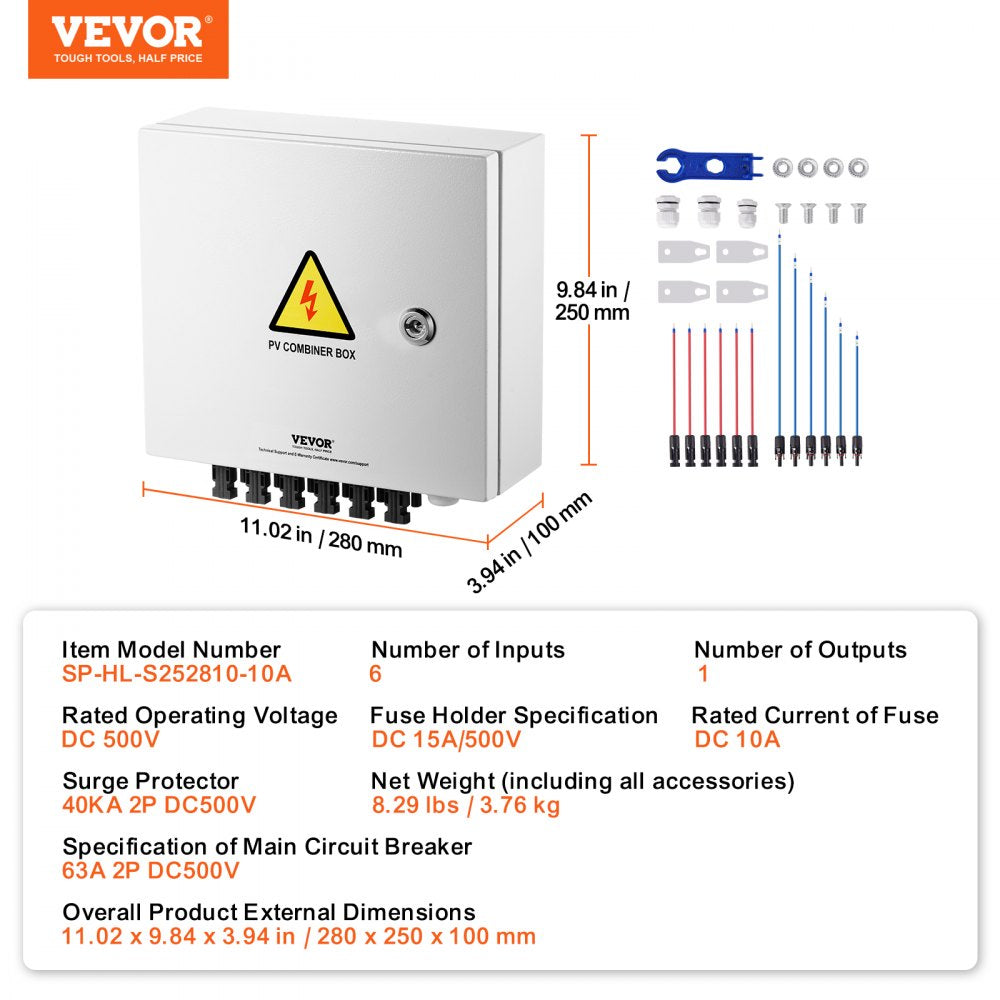 Steel solar PV combiner box with 6 inputs, 10A fuses, surge protector, and dimensions shown.
