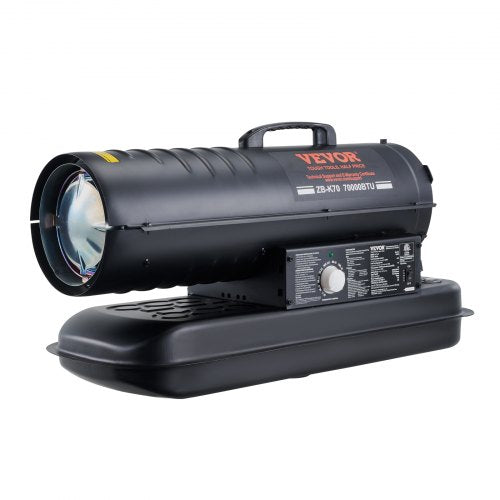 Black Bostome 70,000 BTU kerosene diesel heater with thermostat and 5-gallon tank.