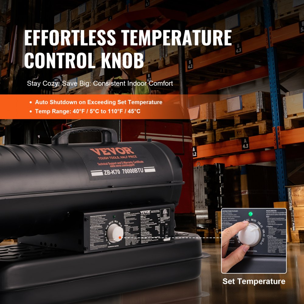 Bostome 70,000 BTU kerosene diesel heater with thermostat and 5-gallon fuel tank.