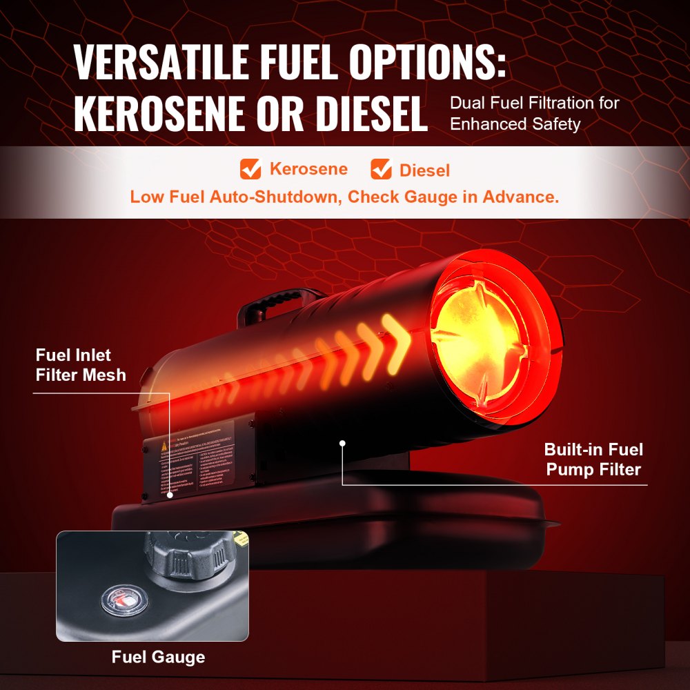 Red portable kerosene diesel heater with 5-gallon tank, thermostat, fuel filters, and gauge.