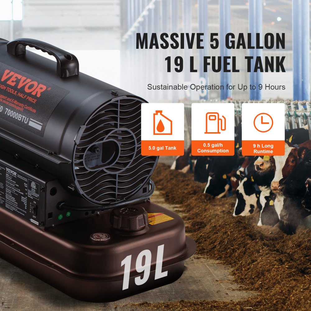 Black Bostome 70,000 BTU kerosene diesel heater with thermostat and 5-gallon tank.