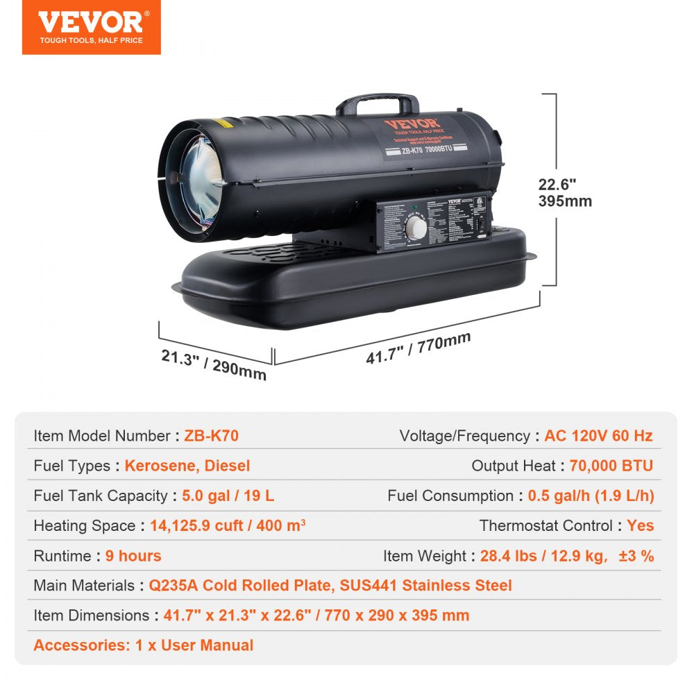 Black portable Bostome 70,000 BTU kerosene diesel heater with 5-gallon tank and thermostat.