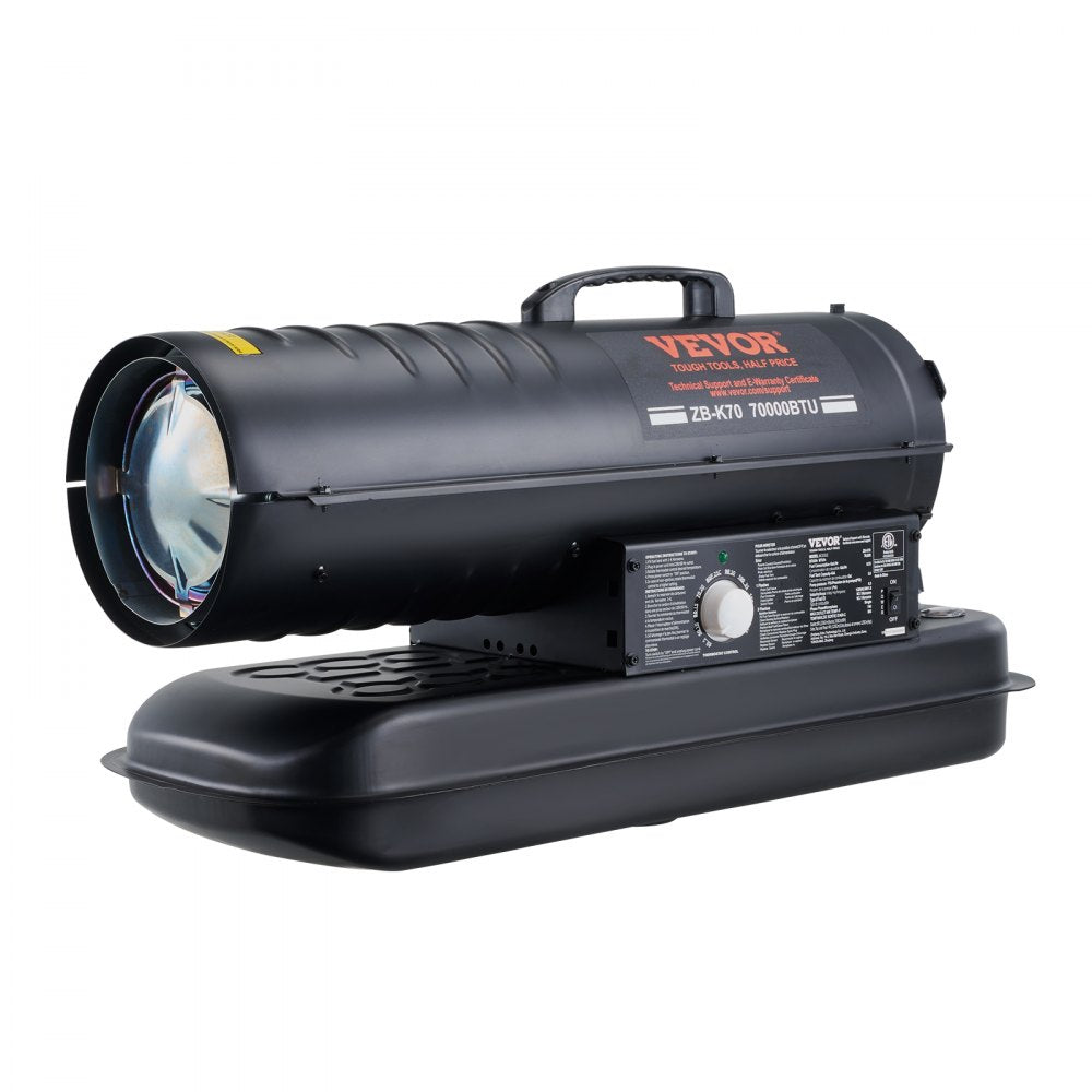 Black Bostome 70,000 BTU kerosene diesel heater with thermostat, 5-gallon tank, and control panel.