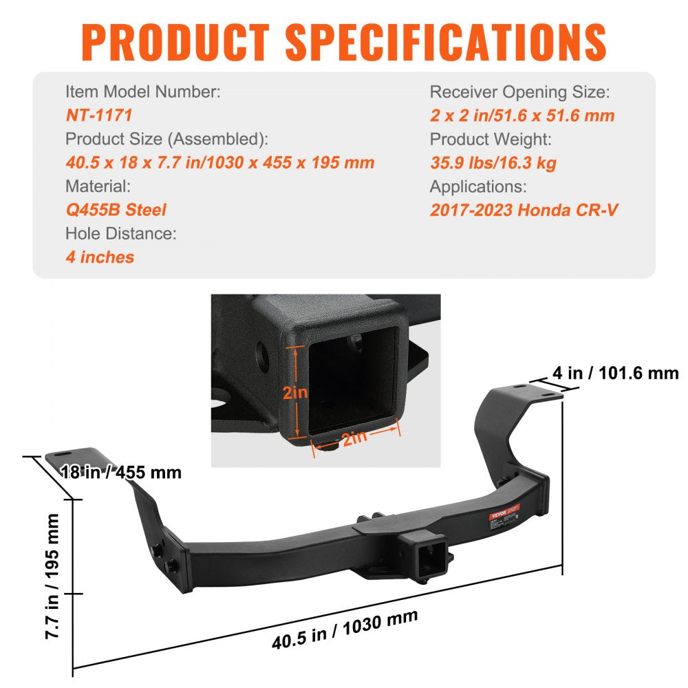 Class 3 Trailer Hitch, 2-Inch Receiver, Q455B Steel Tube Frame, Compatible with 2017-2023 Honda CR-V, 6000 lbs, Multi-Fit Hitch to Receive Ball Mount, Cargo Carrier, Bike Rack, Tow Hook, Black