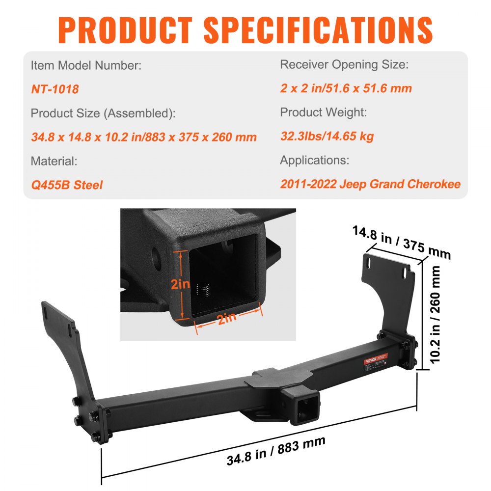 Class 3 Trailer Hitch, 2-Inch Receiver, Q455B Steel Tube Frame, Compatible with 2011-2022 Jeep Grand Cherokee, Multi-Fit Hitch to Receive Ball Mount, Cargo Carrier, Bike Rack, Tow Hook, Black