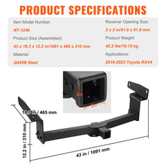 Class 3 Trailer Hitch, 2-Inch Receiver, Q455B Steel Tube Frame, Compatible with 2019-2023 Toyota RAV4, 6000 lbs, Multi-Fit Hitch to Receive Ball Mount, Cargo Carrier, Bike Rack, Tow Hook, Black