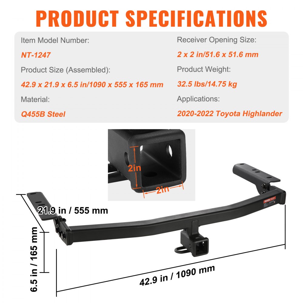 Class 3 Trailer Hitch, 2-Inch Receiver, Q455B Steel Tube Frame, Compatible with 2020-2023 Toyota Highlander, Multi-Fit Hitch to Receive Ball Mount, Cargo Carrier, Bike Rack, and Tow Hook, Black
