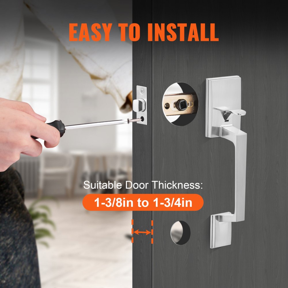 Front Door Handle, Satin Nickel Square Handle Set with Lever Door Handle No Lock, Adjustable Hole Space, Entry Door Handle with Reversible for Right and Left Handed Entrance and Front Door