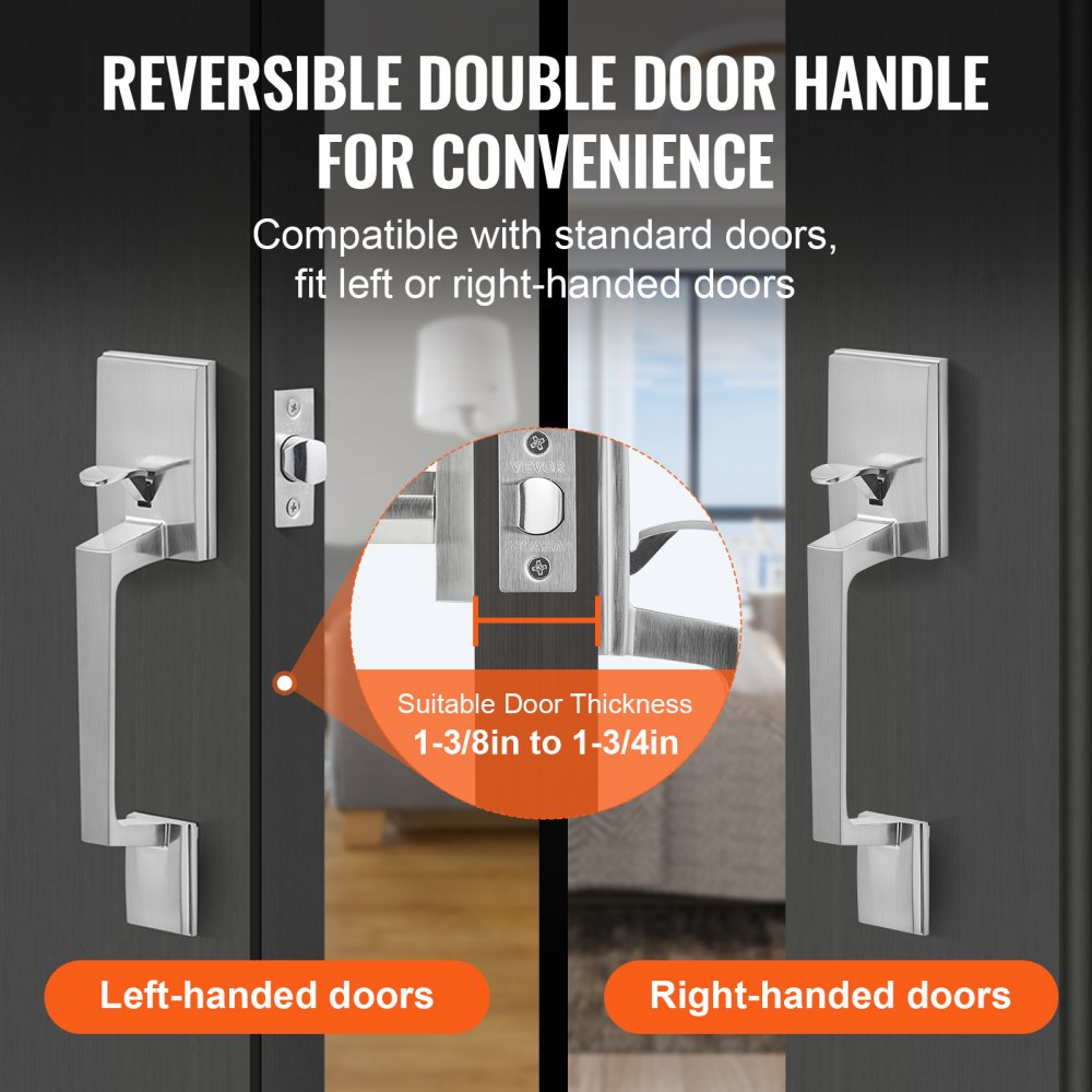 Front Door Handle, Satin Nickel Square Handle Set with Lever Door Handle No Lock, Adjustable Hole Space, Entry Door Handle with Reversible for Right and Left Handed Entrance and Front Door