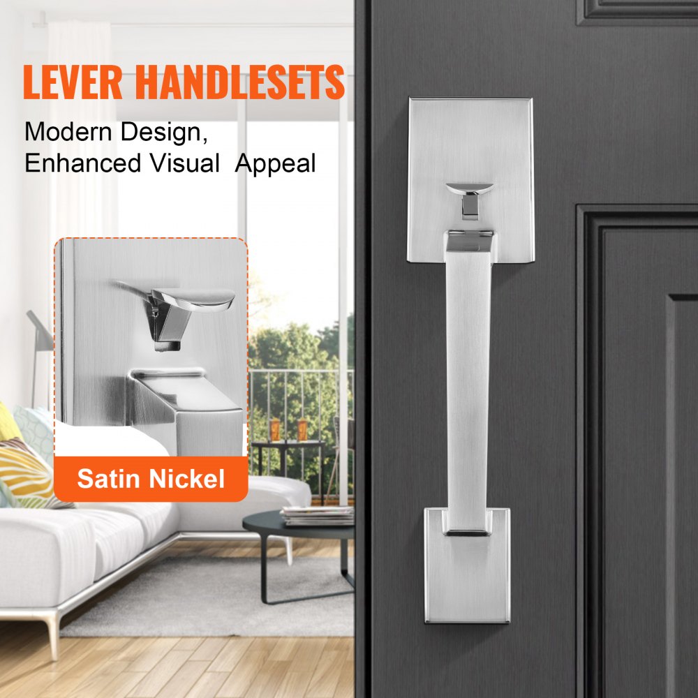 Front Door Handle, Satin Nickel Square Handle Set with Lever Door Handle No Lock, Adjustable Hole Space, Entry Door Handle with Reversible for Right and Left Handed Entrance and Front Door