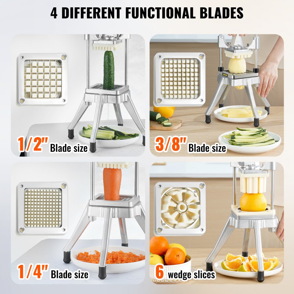 Commercial Vegetable Fruit Chopper, Stainless Steel French Fry Cutter with 4 Blades 1/4" 3/8" 1/2", 6-wedge Slicer, Chopper Dicer with Tray, Heavy Duty Cutter for Potato Tomato Onion Mushroom