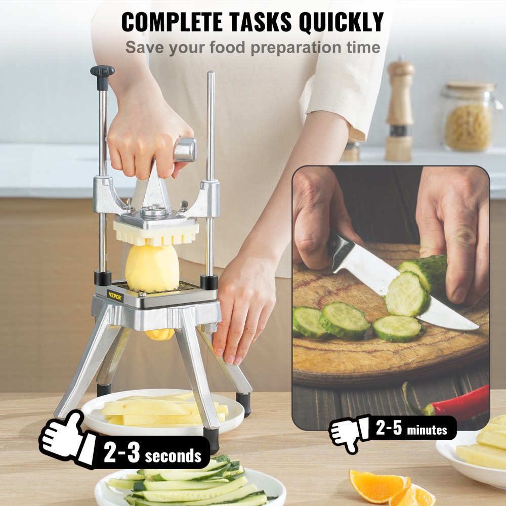 Commercial Vegetable Fruit Chopper, Stainless Steel French Fry Cutter with 4 Blades 1/4" 3/8" 1/2", 6-wedge Slicer, Chopper Dicer with Tray, Heavy Duty Cutter for Potato Tomato Onion Mushroom