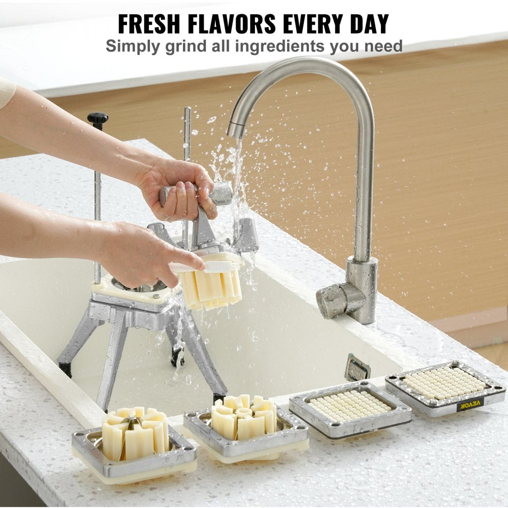 Commercial Vegetable Fruit Chopper, Stainless Steel French Fry Cutter with 4 Blades 1/4" 3/8" 1/2", 6-wedge Slicer, Chopper Dicer with Tray, Heavy Duty Cutter for Potato Tomato Onion Mushroom