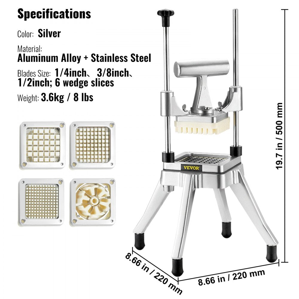 Commercial Vegetable Fruit Chopper, Stainless Steel French Fry Cutter with 4 Blades 1/4" 3/8" 1/2", 6-wedge Slicer, Chopper Dicer with Tray, Heavy Duty Cutter for Potato Tomato Onion Mushroom