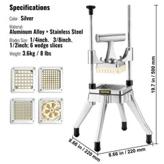 Commercial Vegetable Fruit Chopper, Stainless Steel French Fry Cutter with 4 Blades 1/4" 3/8" 1/2", 6-wedge Slicer, Chopper Dicer with Tray, Heavy Duty Cutter for Potato Tomato Onion Mushroom