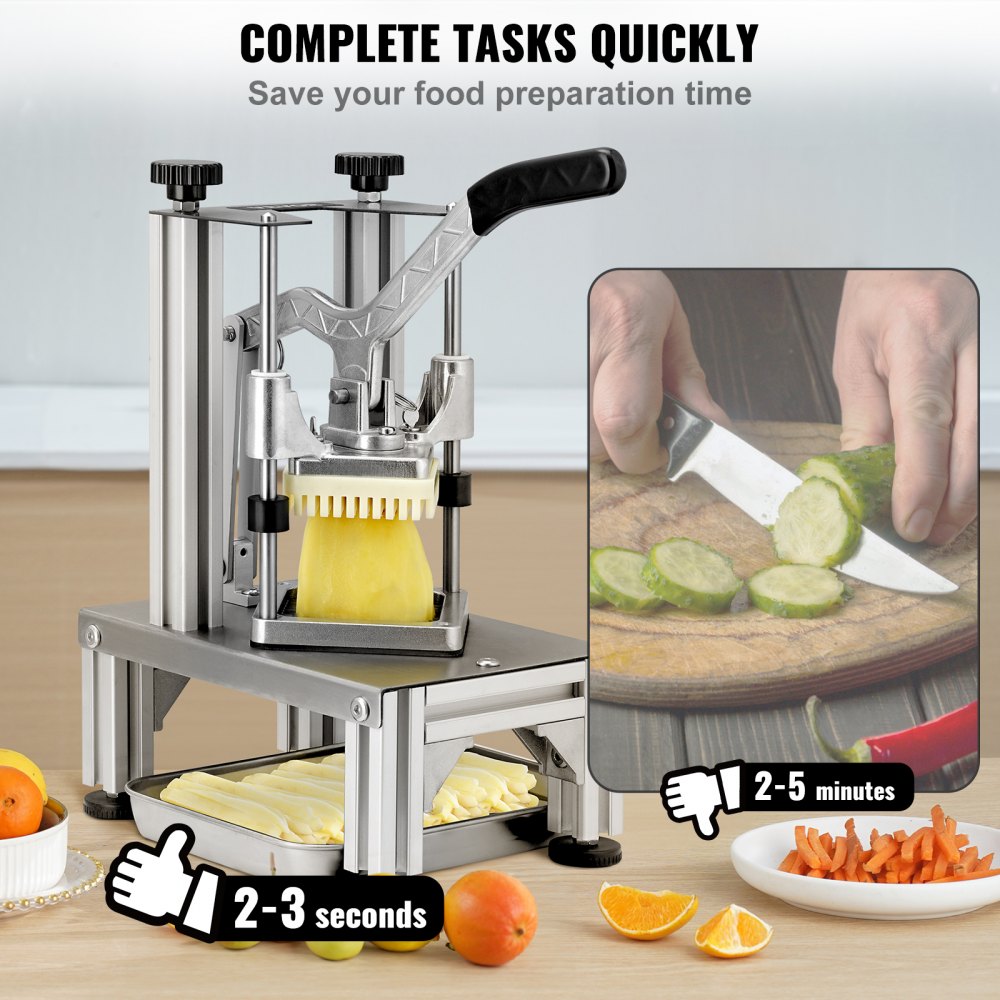 Commercial French Fry Cutter with 4 Replacement Blades, 1/4″ & 3/8″ Blade Easy Dicer Chopper, 6-wedge Slicer & 6-wedge Apple Corer, Lemon Potato Cutter for French Fries with Tray and Handle