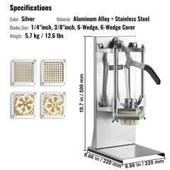 Commercial French Fry Cutter with 4 Replacement Blades, 1/4″ and 3/8″ Blade Easy Dicer Chopper, 6-wedge Slicer and 6-wedge Apple Corer, Lemon Potato Cutter for French Fries with Extended Handle